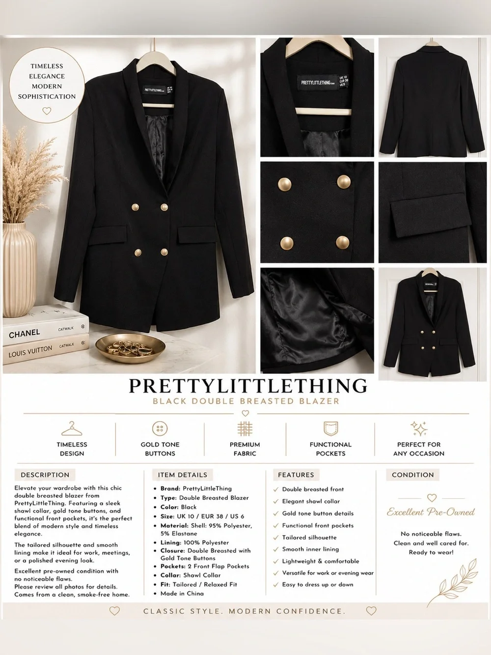 PrettyLittleThing Black Double-Breasted Blazer with Gold Buttons